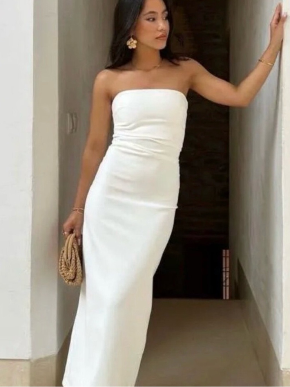 Zara Strapless White Column Midi Dress